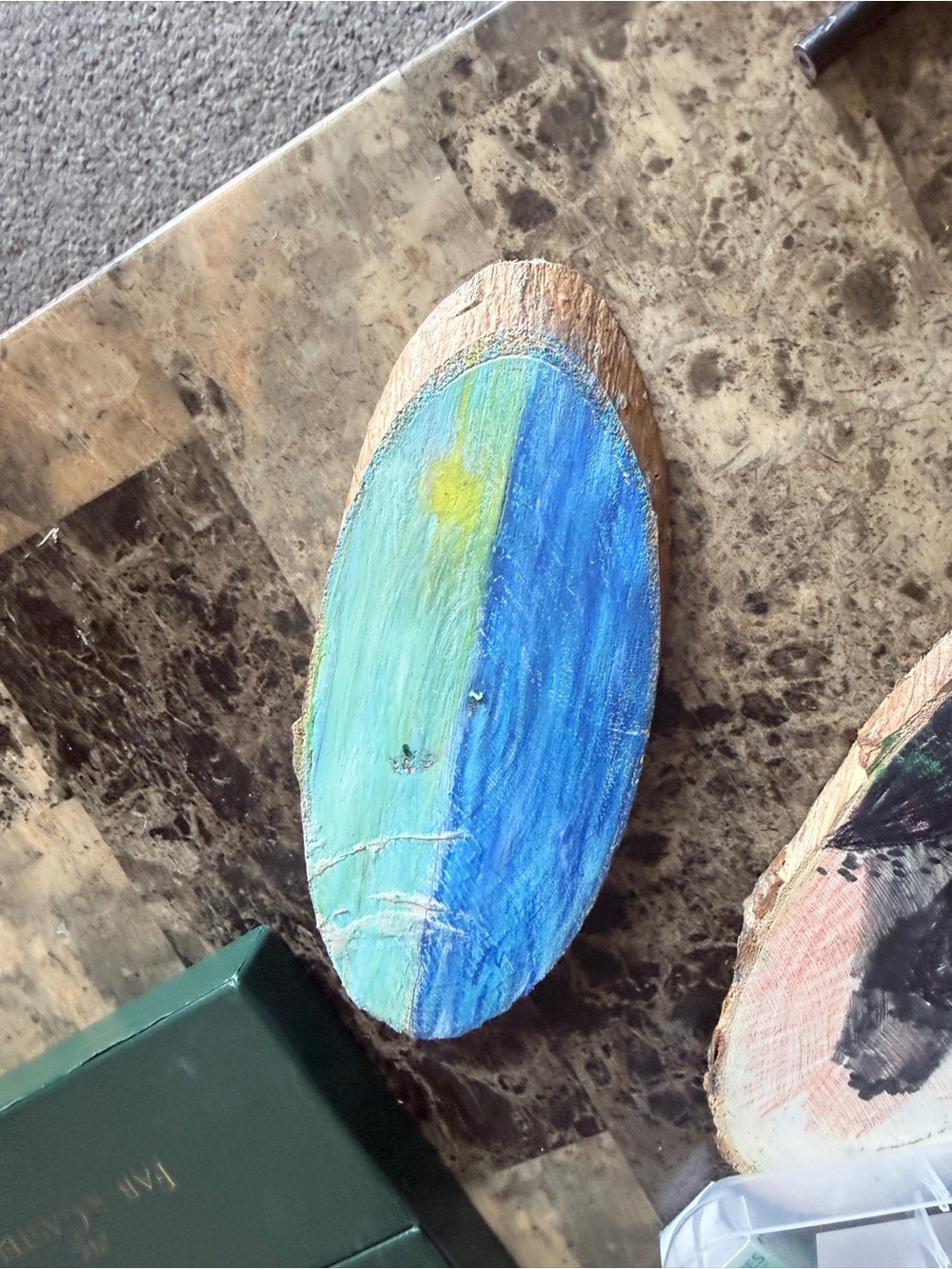 Hand-Painted Blue & Green Wood Art Slice - Home Art